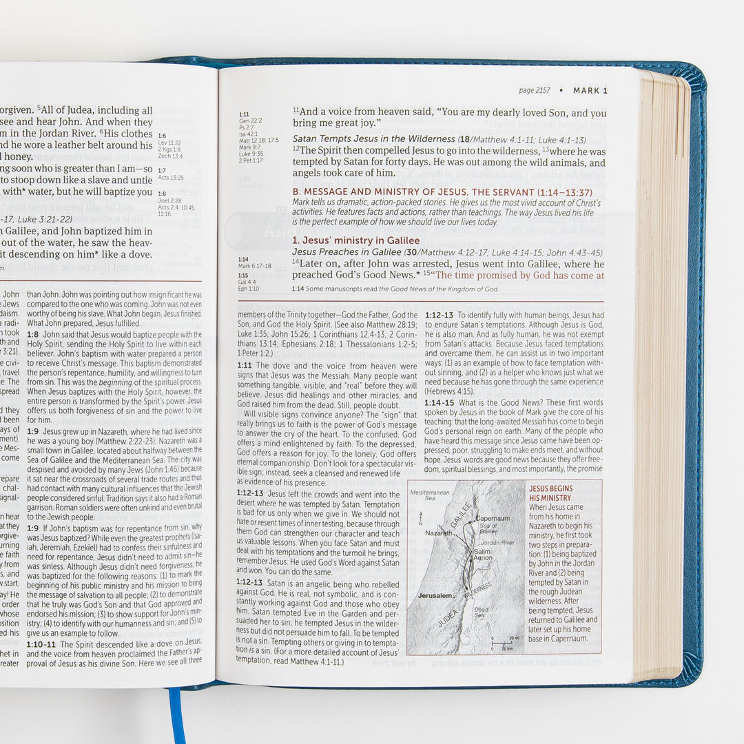Open Bible to Mark chapter 1, showing Scripture text with cross-reference notes, a section heading &