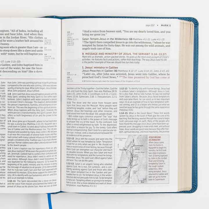 Open Bible to Mark chapter 1, showing Scripture text with cross-reference notes, a section heading &