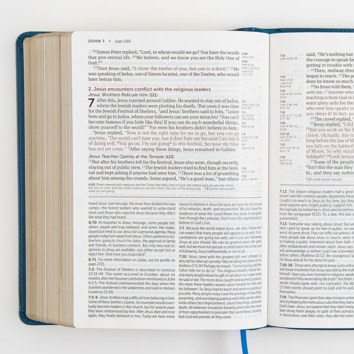 Open Bible to John chapter 7, showing Scripture text under headings such as &