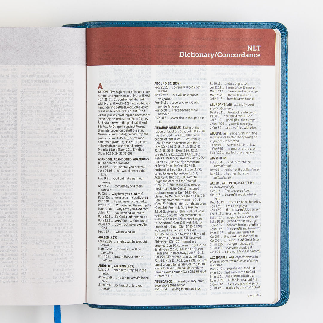 Open Bible to the back-matter NLT Dictionary/Concordance section, showing entries beginning with the letter A, including &