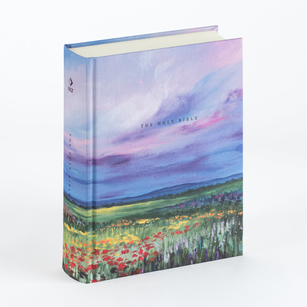 Angled view of the NLT Notetaking Bible in Cana cloth-over-board cover, illustrated with a painted wildflower meadow scene: a lavender-blue sky over rolling green hills scattered with red poppies and yellow and purple wildflowers, "THE HOLY BIBLE" printed in small serif type on the front cover and spine, an NLT diamond logo near the spine top, and cream-colored page edges.