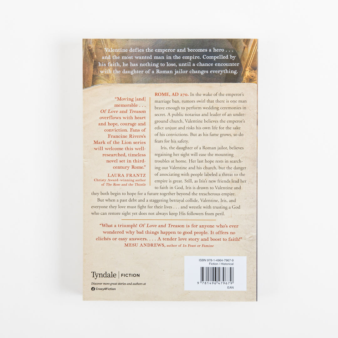 Back cover of the paperback novel "Of Love and Treason" by Jamie Ogle, using a darkened version of the front cover&
