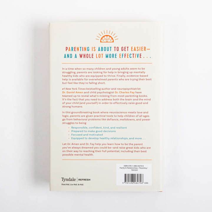 Back cover of Raising Mentally Strong Kids on a cream background, headed by the orange sunrise-over-brain icon and bold headline &