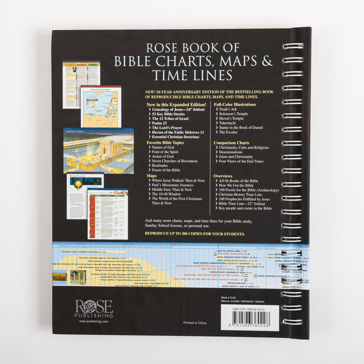 Back cover of the Rose Book of Bible Charts, Maps and Time Lines listing contents in white and yellow text on black, including new features like the Genealogy of Jesus foldout, 52 Key Bible Stories, and the 12 Tribes of Israel; full-color illustrations of Noah&