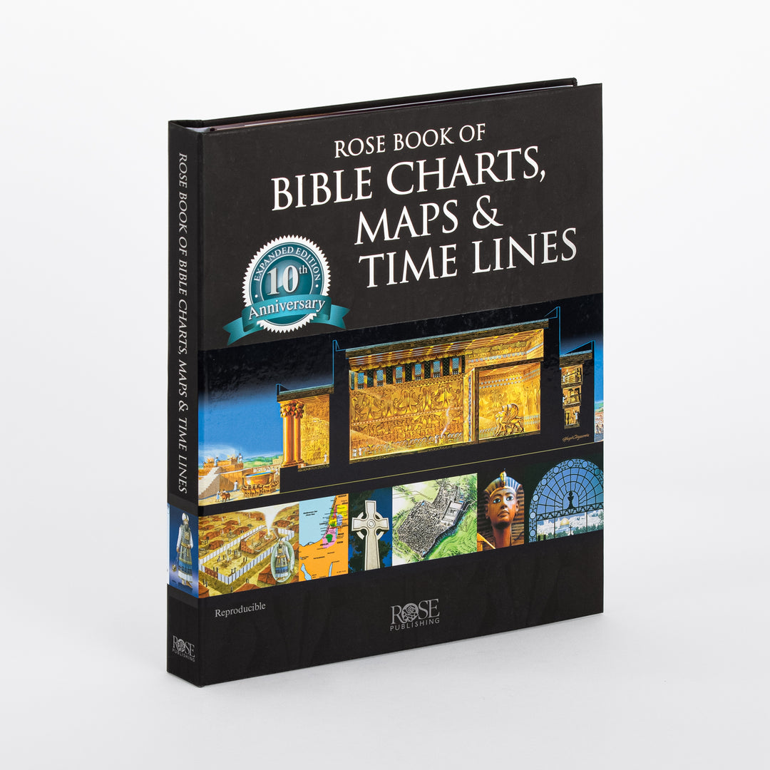The Rose Book of Bible Charts, Maps and Time Lines shown at an angle, displaying its black spiral-bound cover, white spine text, and front cover artwork including the golden temple interior illustration and strip of thumbnail images.