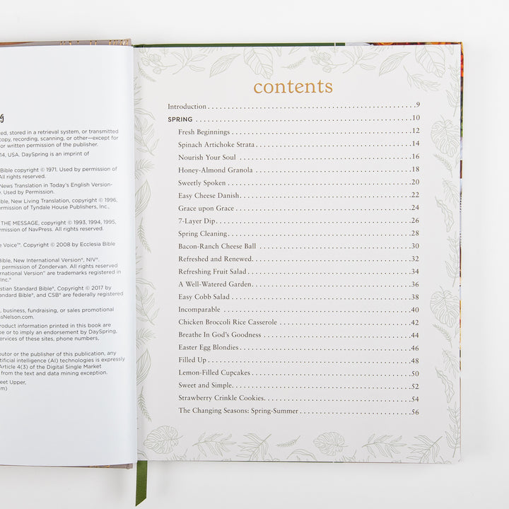 Table of contents page for the Spring section of the devotional cookbook, listing devotions and recipes such as Spinach Artichoke Strata, Honey-Almond Granola, 7-Layer Dip, and Strawberry Crinkle Cookies with page numbers.
