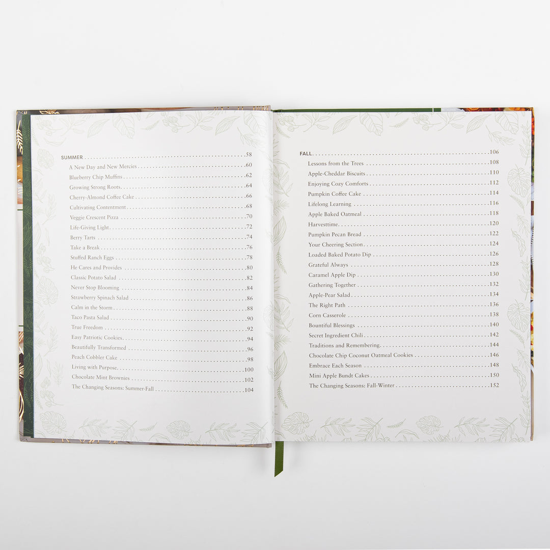 Table of contents spread showing the end of the Summer section, including recipes like Blueberry Chip Muffins and Peach Cobbler Cake, and the start of the Fall section listing devotions and recipes such as Apple-Cheddar Biscuits and Pumpkin Coffee Cake.
