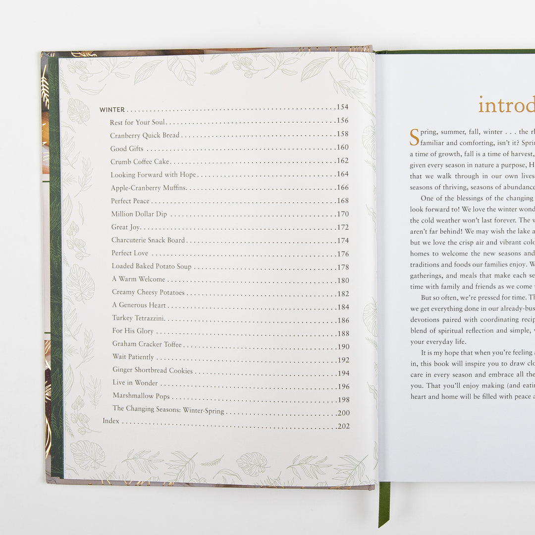 Table of contents spread showing the end of the Winter section, listing recipes like Cranberry Quick Bread and Ginger Shortbread Cookies, and the start of the book&