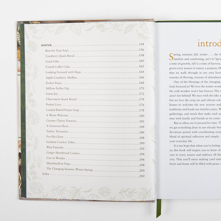 Table of contents spread showing the end of the Winter section, listing recipes like Cranberry Quick Bread and Ginger Shortbread Cookies, and the start of the book&