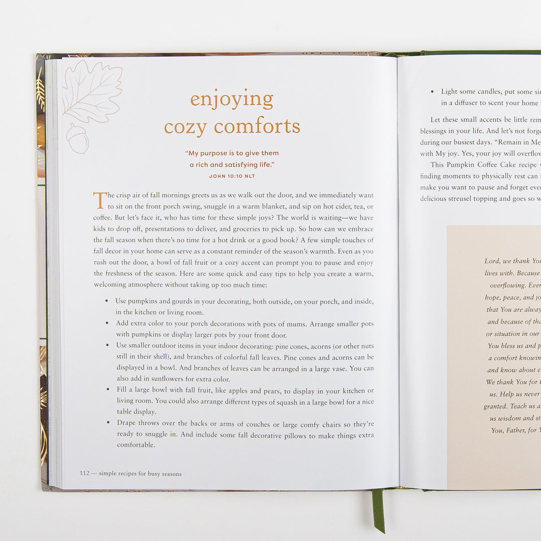 Devotional page titled Enjoying Cozy Comforts with a John 10:10 verse, offering fall home decorating tips like pumpkins, pine cones, and cozy throws, alongside text introducing the Pumpkin Coffee Cake recipe.