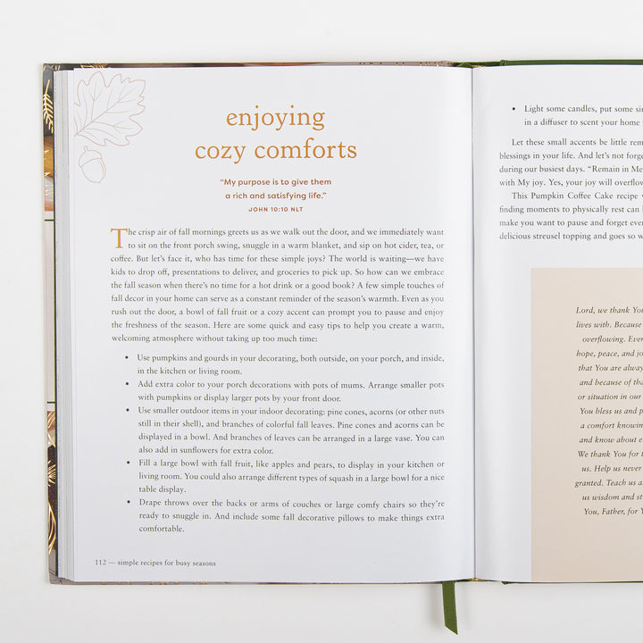 Devotional page titled Enjoying Cozy Comforts with a John 10:10 verse, offering fall home decorating tips like pumpkins, pine cones, and cozy throws, alongside text introducing the Pumpkin Coffee Cake recipe.