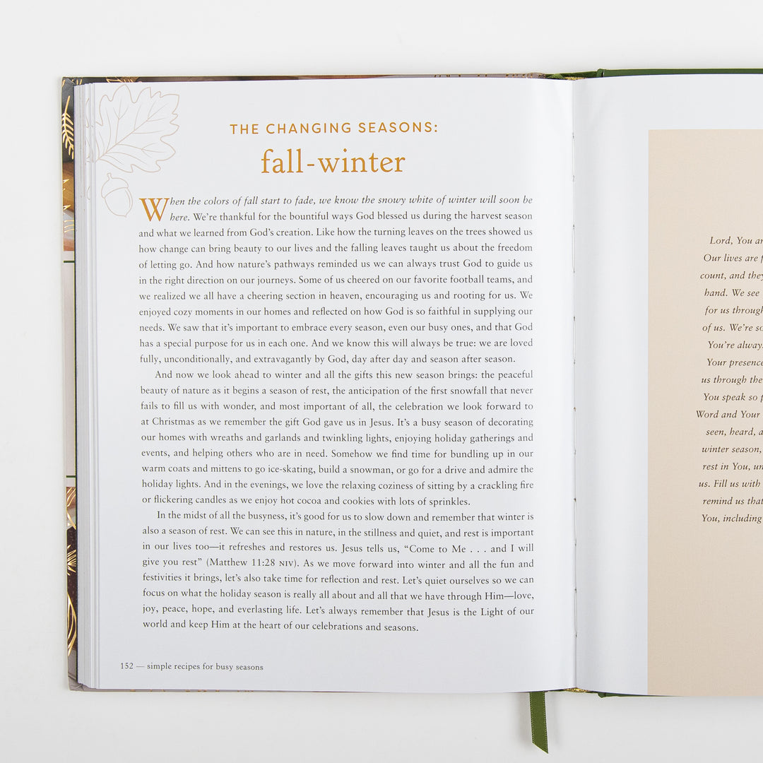 Devotional page titled The Changing Seasons: Fall-Winter, reflecting on trusting God through the transition from harvest season into the rest and celebration of winter, with an accompanying prayer on the facing page.
