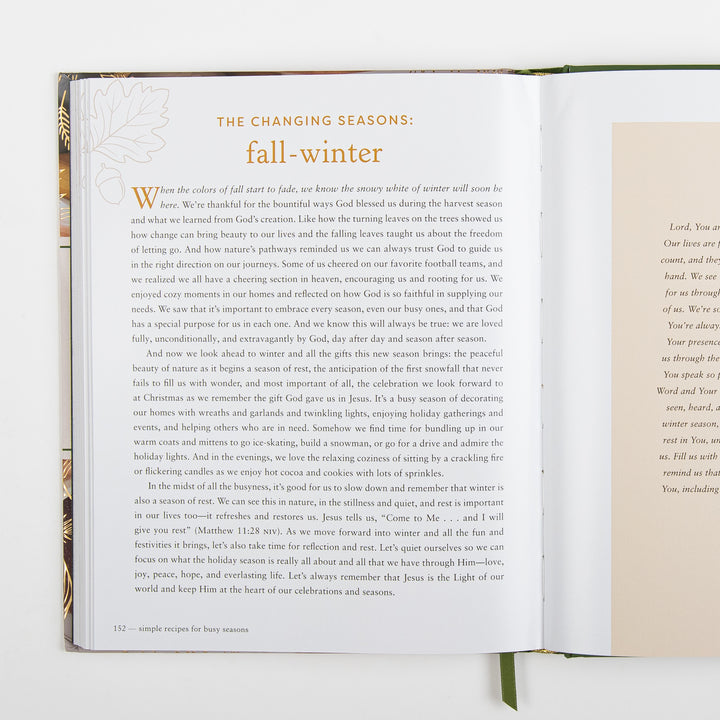 Devotional page titled The Changing Seasons: Fall-Winter, reflecting on trusting God through the transition from harvest season into the rest and celebration of winter, with an accompanying prayer on the facing page.