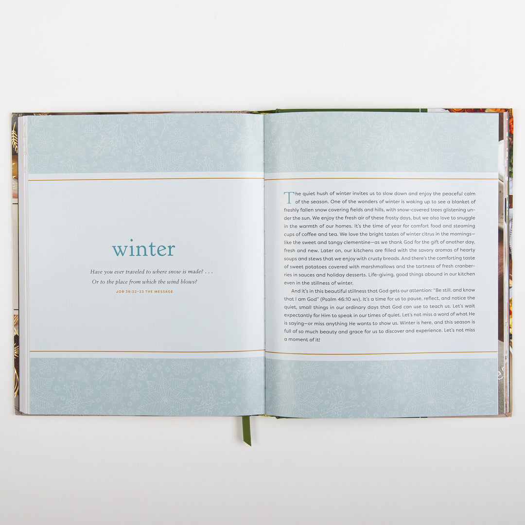 Devotional spread opening the Winter section, with the word winter in blue script over a snowflake-patterned background and a Job 38:22-23 verse, alongside a devotion on the quiet beauty and stillness of winter.
