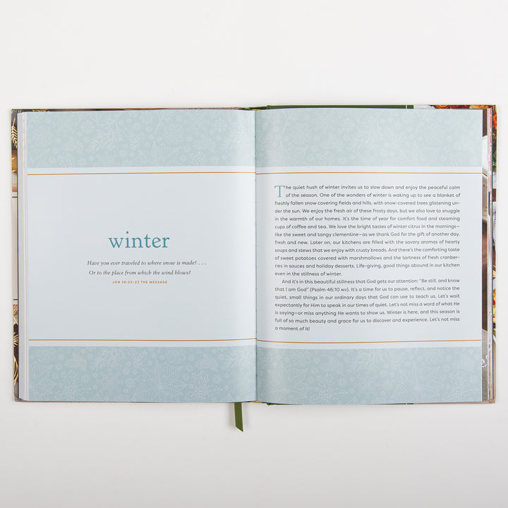 Devotional spread opening the Winter section, with the word winter in blue script over a snowflake-patterned background and a Job 38:22-23 verse, alongside a devotion on the quiet beauty and stillness of winter.