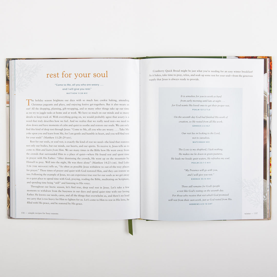 Devotional page titled Rest for Your Soul with a Matthew 11:28 verse about finding rest in Jesus, facing a page of additional Scripture verses on rest displayed in a shaded box, introducing the Cranberry Quick Bread recipe.
