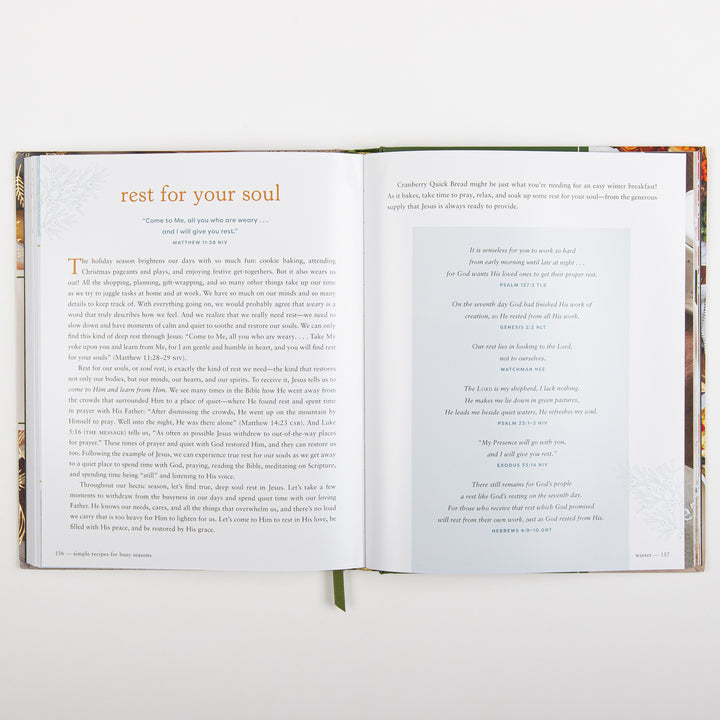 Devotional page titled Rest for Your Soul with a Matthew 11:28 verse about finding rest in Jesus, facing a page of additional Scripture verses on rest displayed in a shaded box, introducing the Cranberry Quick Bread recipe.