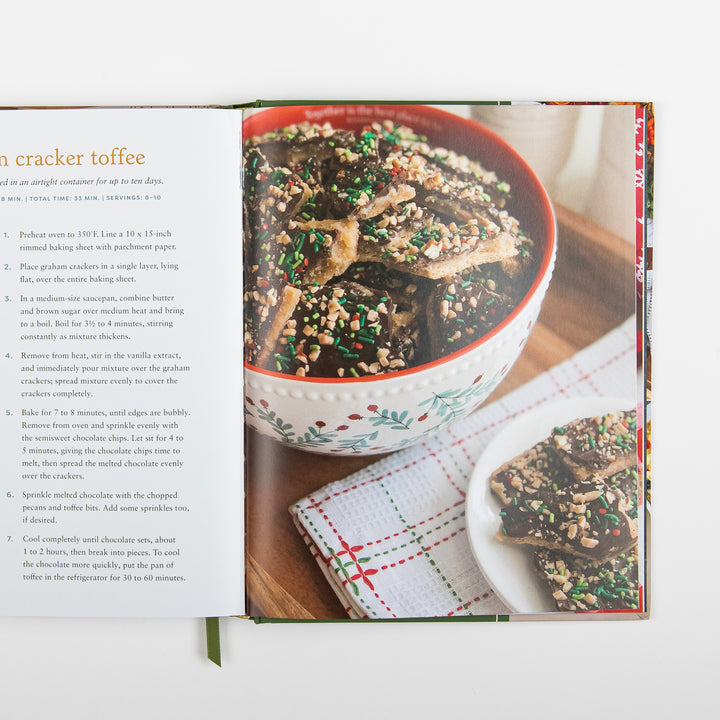 Recipe instructions for graham cracker toffee beside a photo of chocolate toffee bark topped with chopped pecans and holiday sprinkles, piled in a floral bowl next to a plate of broken toffee pieces on a striped cloth napkin.