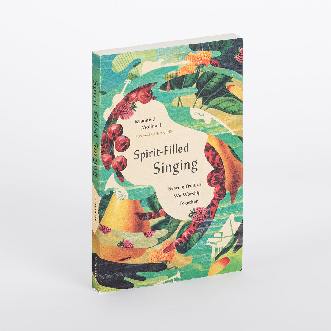 Paperback book cover of 'Spirit-Filled Singing: Bearing Fruit as We Worship Together' by Ryanne J. Molinari, angled to show the front cover and spine. A swirling illustration of red berries, green leaves, orange flowers, and musical instruments in teal, coral, and gold wraps around a cream title panel.