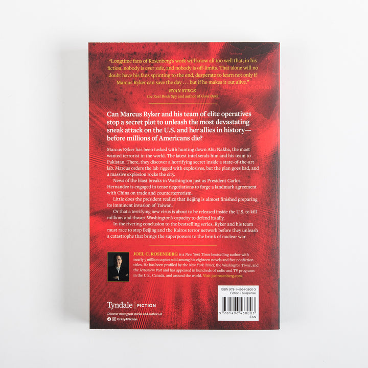 Back cover of The Beijing Betrayal on a red textured background. A pull quote from Ryan Steck of The Real Book Spy praises the series, above bold text asking if Marcus Ryker can stop a devastating sneak attack on the U.S. A plot synopsis follows, describing Ryker hunting terrorist Abu Nakba in Pakistan, a lab explosion, U.S.-China tension over Taiwan, and a looming bioweapon threat. A small author photo and bio for Joel C. Rosenberg, the Tyndale Fiction logo, and a barcode appear at the bottom.