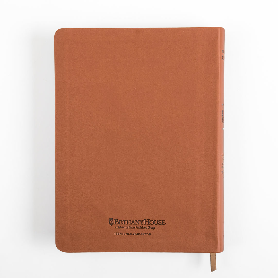 Straight-on view of the plain rust-brown imitation leather back cover of The Bible Recap Deluxe Edition, debossed near the bottom with the Bethany House publisher logo, &