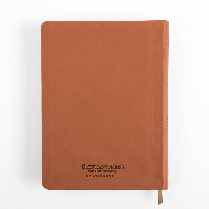 Straight-on view of the plain rust-brown imitation leather back cover of The Bible Recap Deluxe Edition, debossed near the bottom with the Bethany House publisher logo, &
