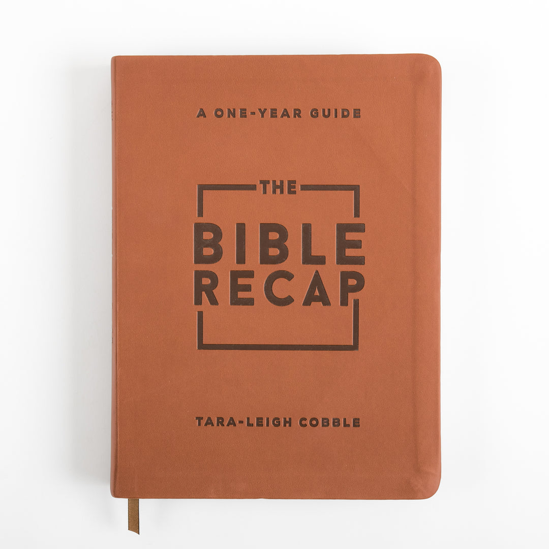 Straight-on view of the front cover of The Bible Recap Deluxe Edition in rust-brown imitation leather, debossed with &