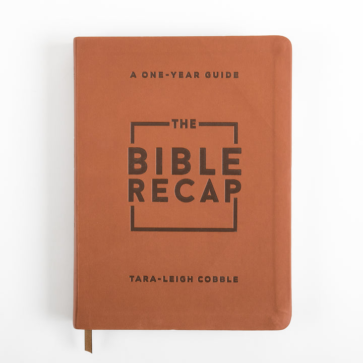 Straight-on view of the front cover of The Bible Recap Deluxe Edition in rust-brown imitation leather, debossed with &