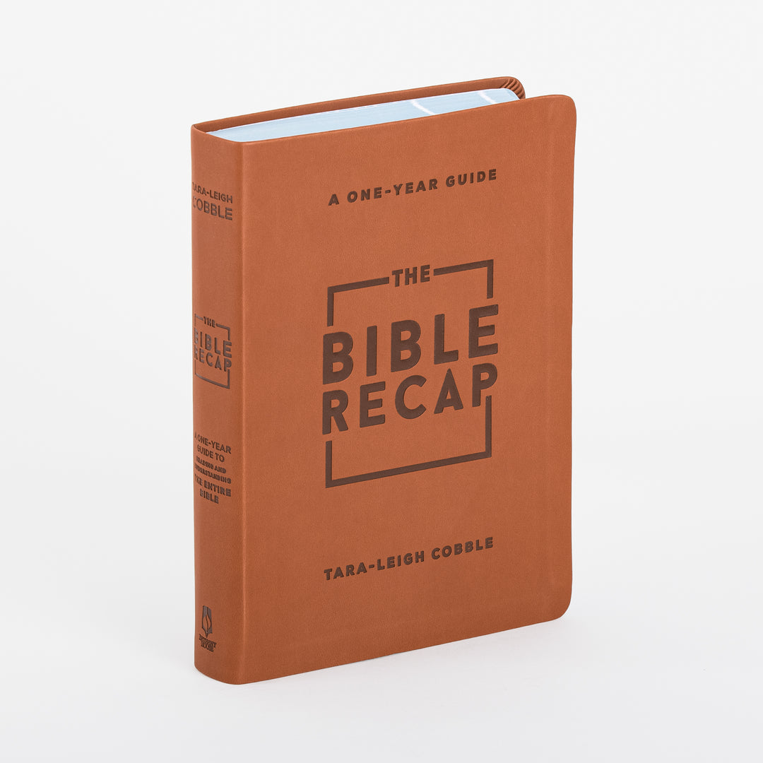 Three-quarter angle view of The Bible Recap Deluxe Edition devotional Bible in rust-brown imitation leather, standing upright with spine and front cover both visible. The front cover is debossed with 'A One-Year Guide,' a boxed 'The Bible Recap' logo, and author name Tara-Leigh Cobble; the spine repeats the title, and pale blue page edges are visible peeking out near the top.