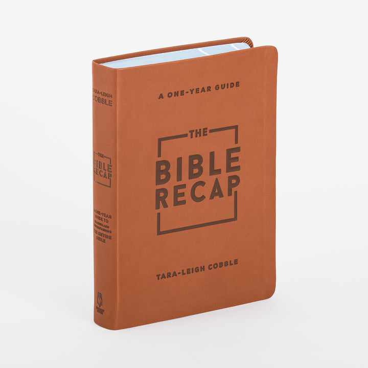 Three-quarter angle view of The Bible Recap Deluxe Edition devotional Bible in rust-brown imitation leather, standing upright with spine and front cover both visible. The front cover is debossed with &