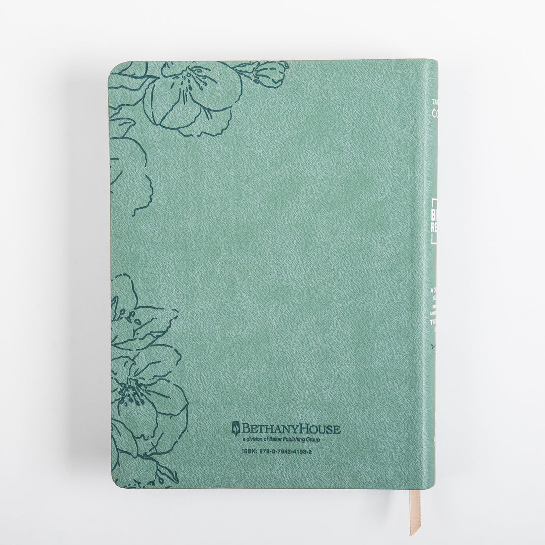 Flat back cover of The Bible Recap Deluxe Edition in sage green imitation leather with hand-drawn floral line art in the corners, the Bethany House publisher logo, and printed ISBN near the bottom.