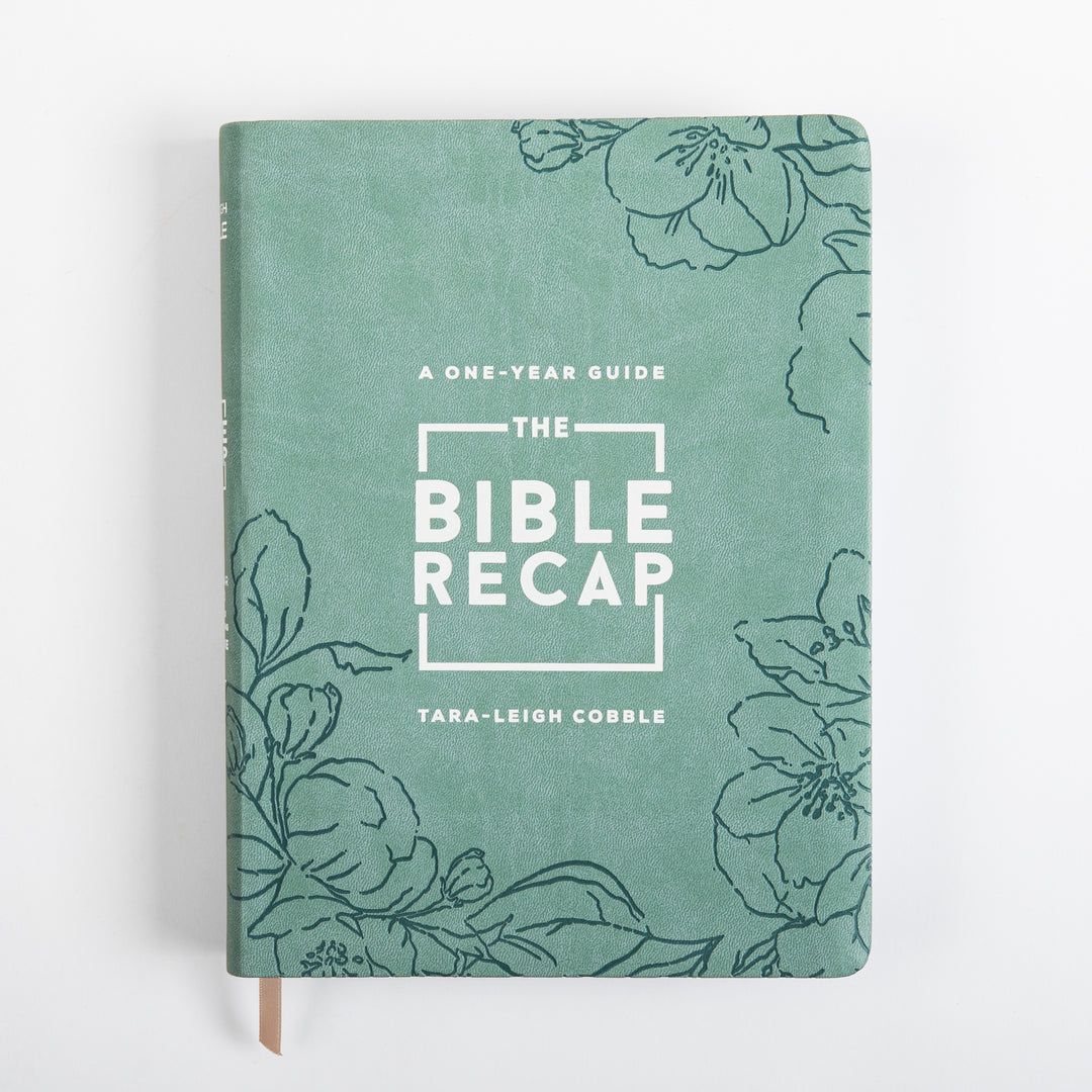 Flat front cover of The Bible Recap Deluxe Edition in sage green imitation leather, with hand-drawn floral line art in the corners, "A One-Year Guide" above the boxed logo title, and "Tara-Leigh Cobble" below.