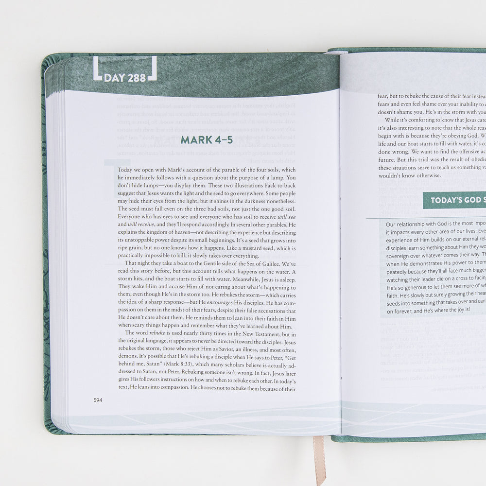 Interior spread of The Bible Recap Deluxe Edition open to Day 288, covering Mark 4-5, with a highlighted "Today's God Shot" reflection box on the right page and a tan ribbon bookmark hanging below.
