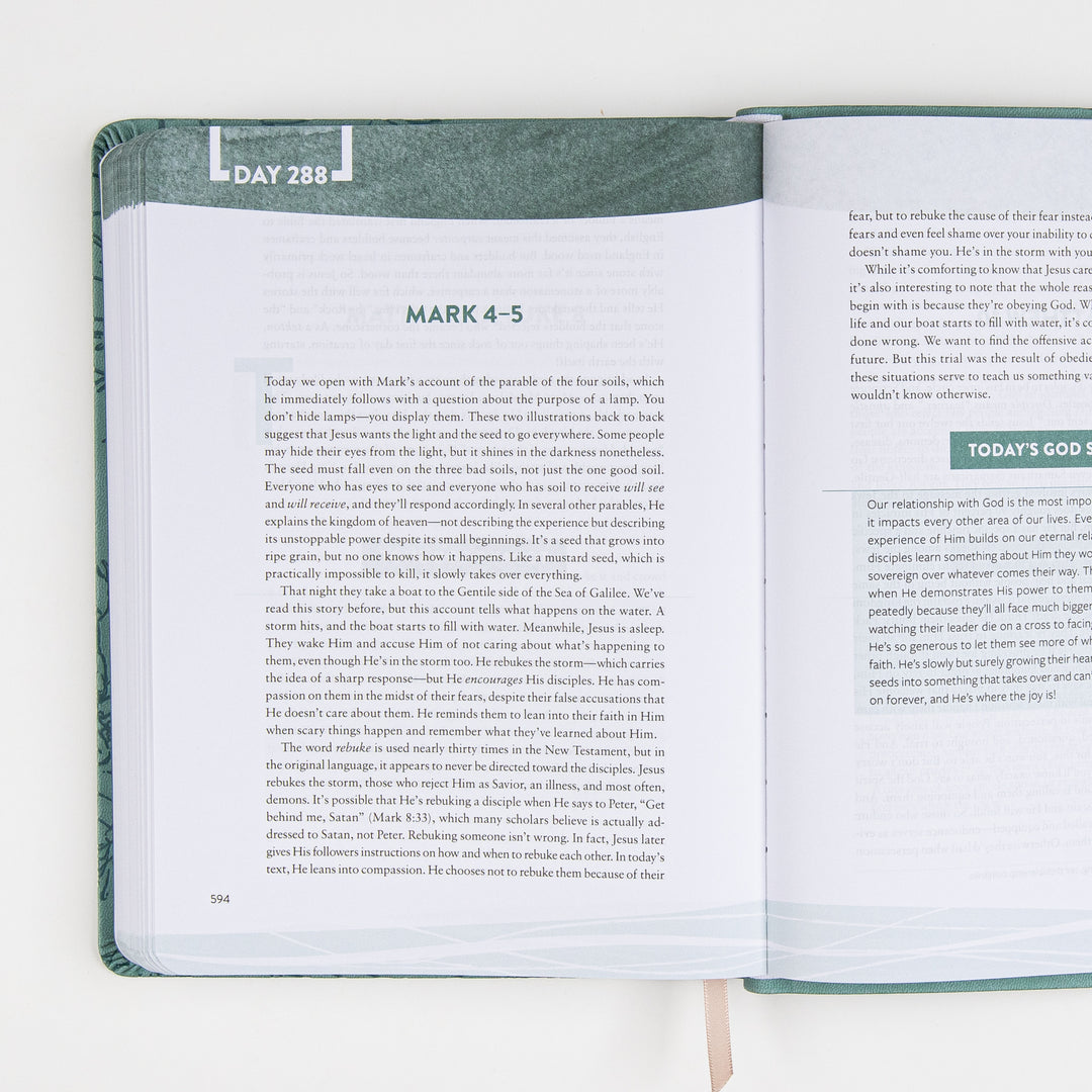 Interior spread of The Bible Recap Deluxe Edition open to Day 288, covering Mark 4-5, with a highlighted "Today&