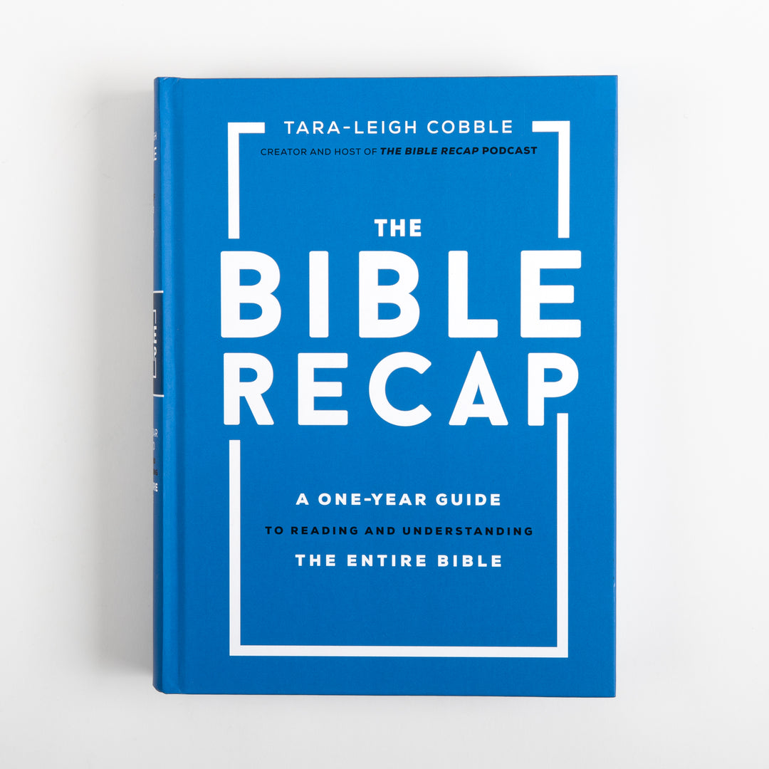 Straight-on front cover of The Bible Recap: a blue hardcover with a white rectangular frame, author name Tara-Leigh Cobble at top, and subtitle "A One-Year Guide to Reading and Understanding the Entire Bible" below the title.