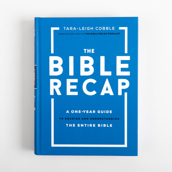 Straight-on front cover of The Bible Recap: a blue hardcover with a white rectangular frame, author name Tara-Leigh Cobble at top, and subtitle "A One-Year Guide to Reading and Understanding the Entire Bible" below the title.