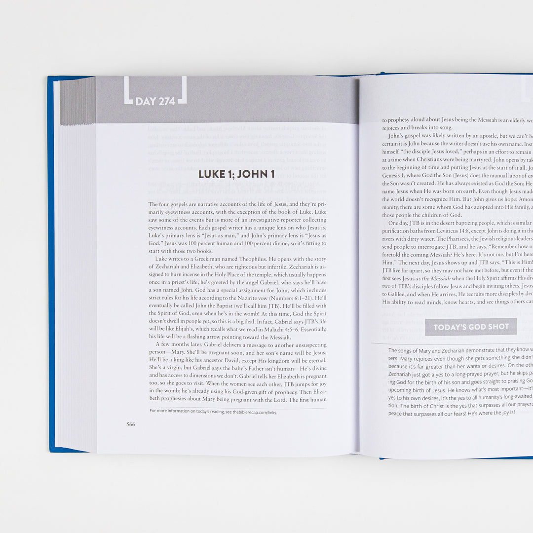 Interior spread of The Bible Recap open to Day 274, covering Luke 1 and John 1, with body text on the left page and a highlighted "Today&