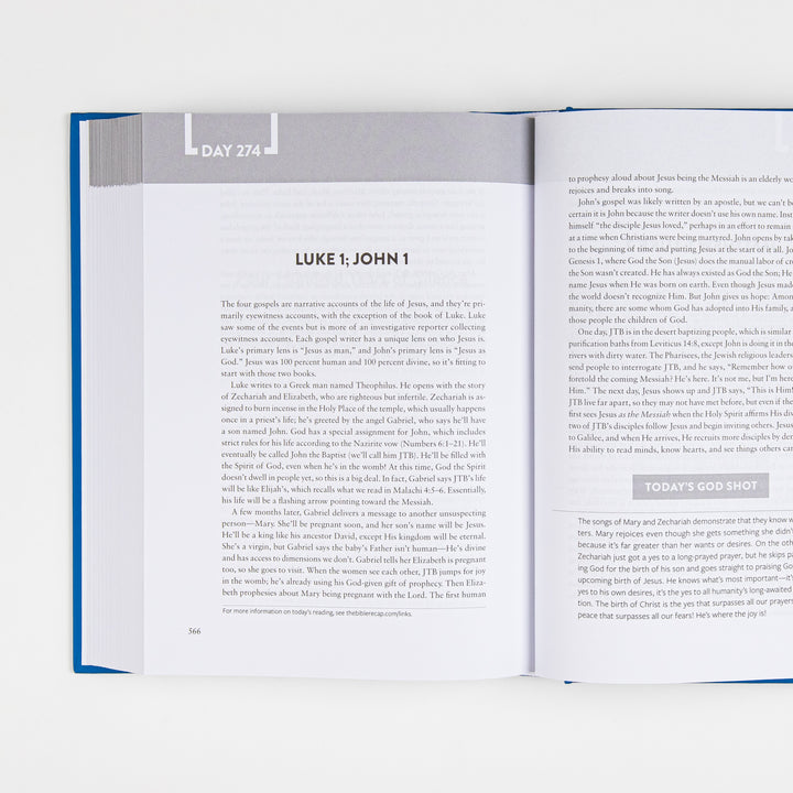 Interior spread of The Bible Recap open to Day 274, covering Luke 1 and John 1, with body text on the left page and a highlighted "Today&