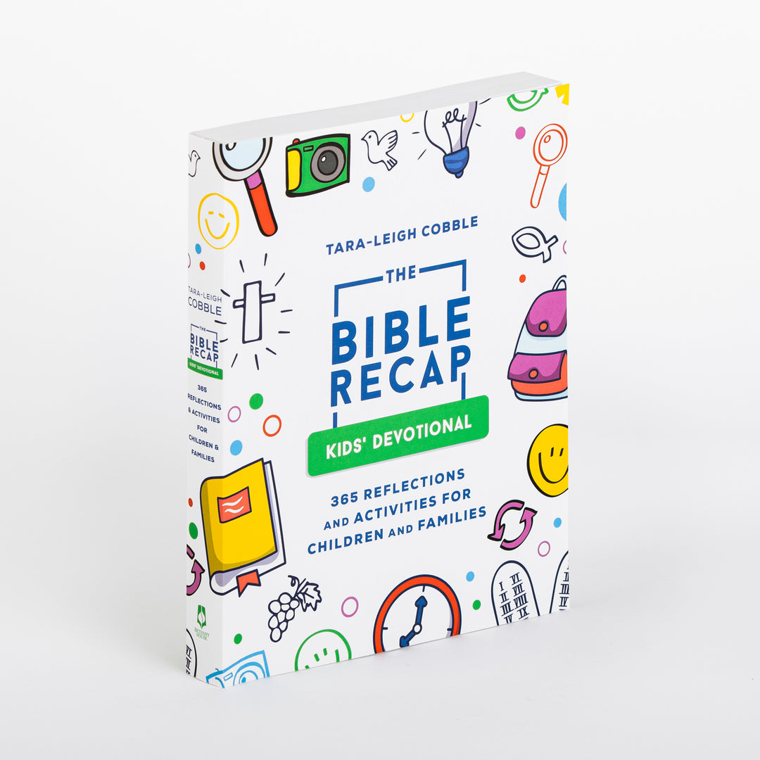 The Bible Recap Kids' Devotional by Tara-Leigh Cobble, shown at an angle. White cover with colorful hand-drawn doodles (camera, backpack, smiley face, magnifying glass, grapes, clock) around a navy title and a green "Kids' Devotional" badge; subtitle reads 365 Reflections and Activities for Children and Families.