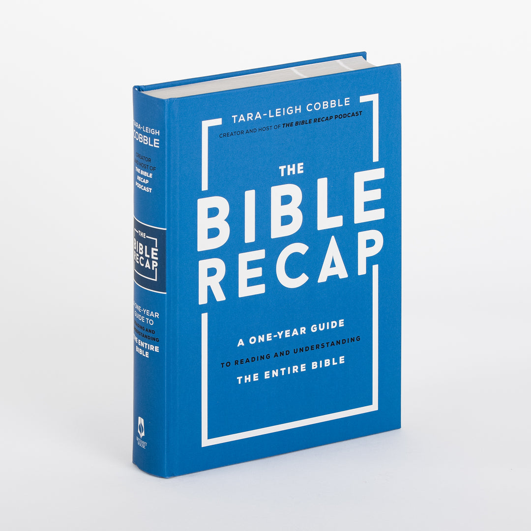 The Bible Recap by Tara-Leigh Cobble, a blue hardcover book, angled to show both the front cover and spine with matching blue-and-white block lettering.