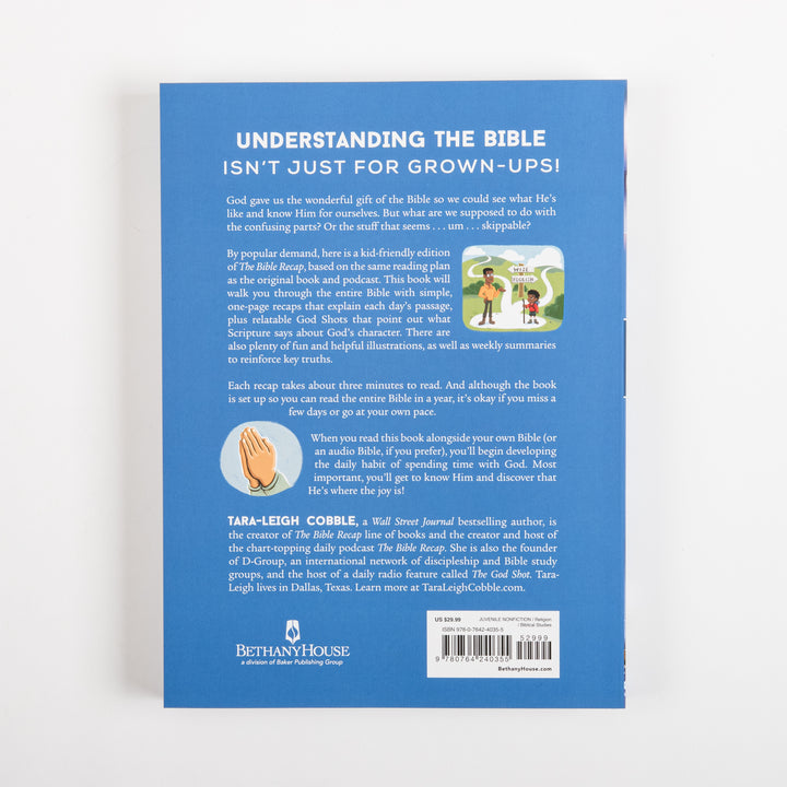 Back cover of The Bible Recap for Kids: blue background with heading &