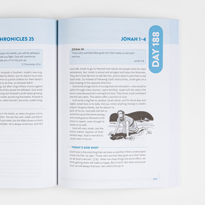 Open interior spread with the end of a 2 Chronicles 25 entry on the left page and Day 188, &