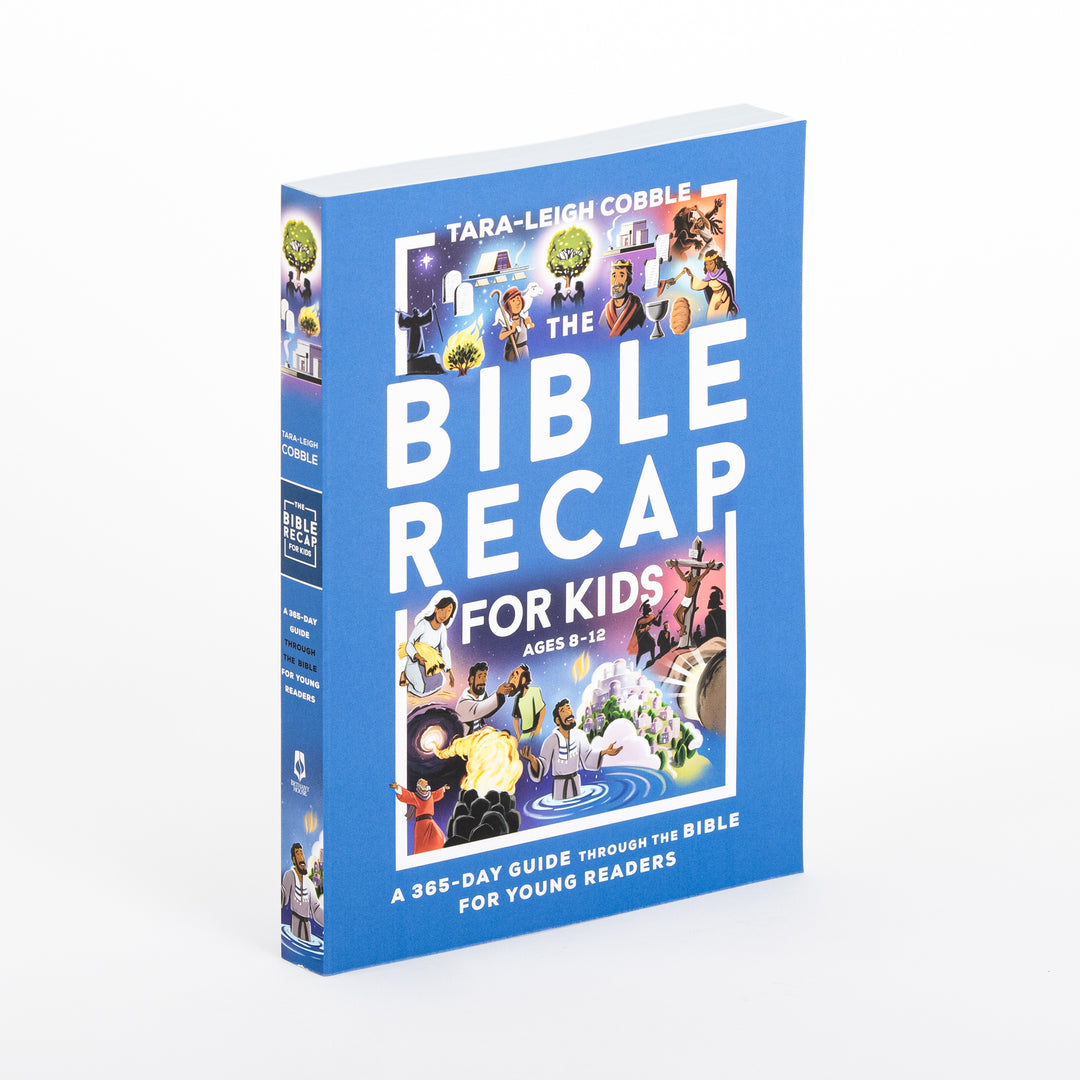 Three-quarter angled view of the blue paperback cover and spine of The Bible Recap for Kids by Tara-Leigh Cobble, showing colorful illustrated biblical scenes above and below the bold white title, with subtitle &