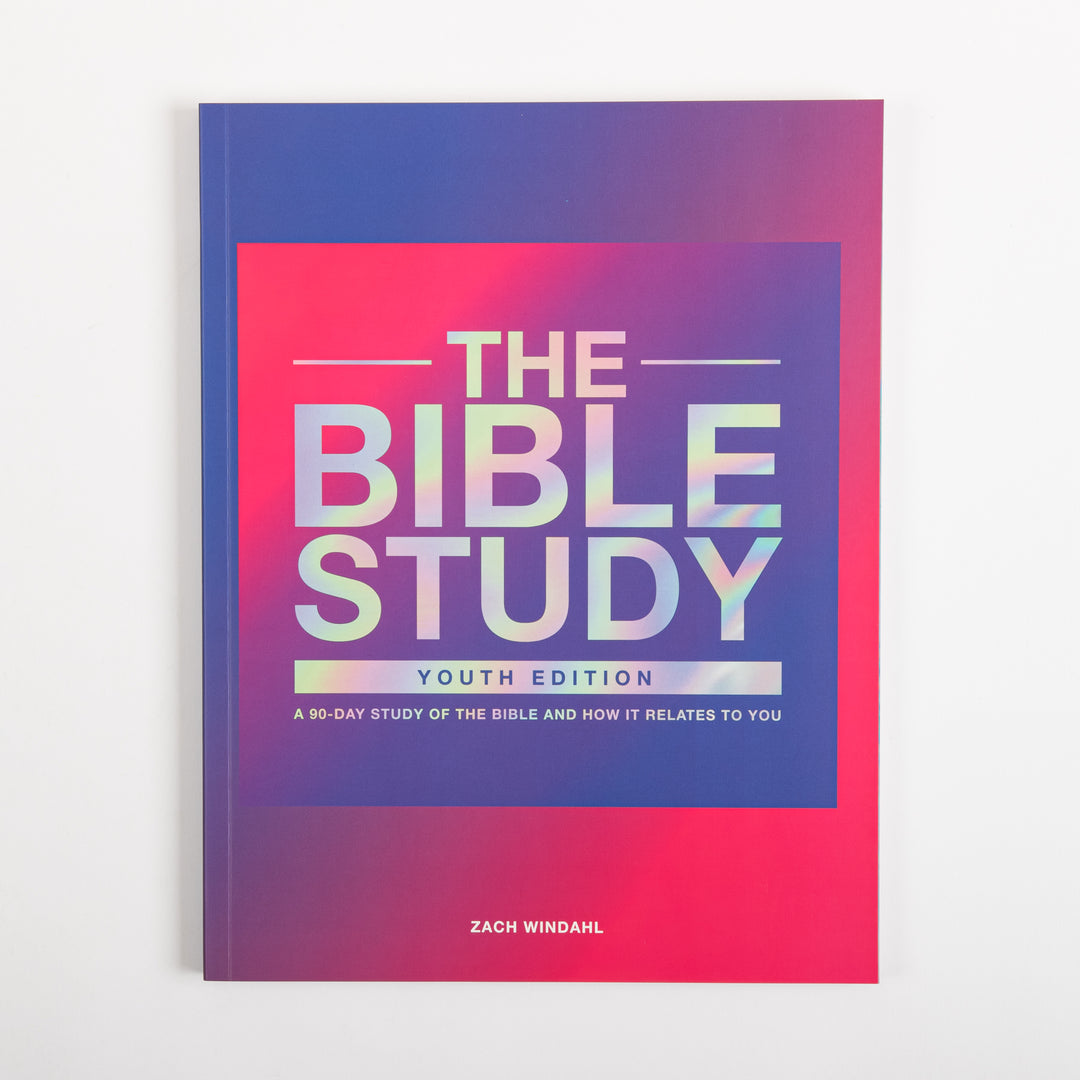 Front cover of The Bible Study: Youth Edition by Zach Windahl, shown flat. A pink-to-purple gradient background frames an iridescent holographic square with the title THE BIBLE STUDY, a YOUTH EDITION banner, and the subtitle A 90-Day Study of the Bible and How It Relates to You above the author&
