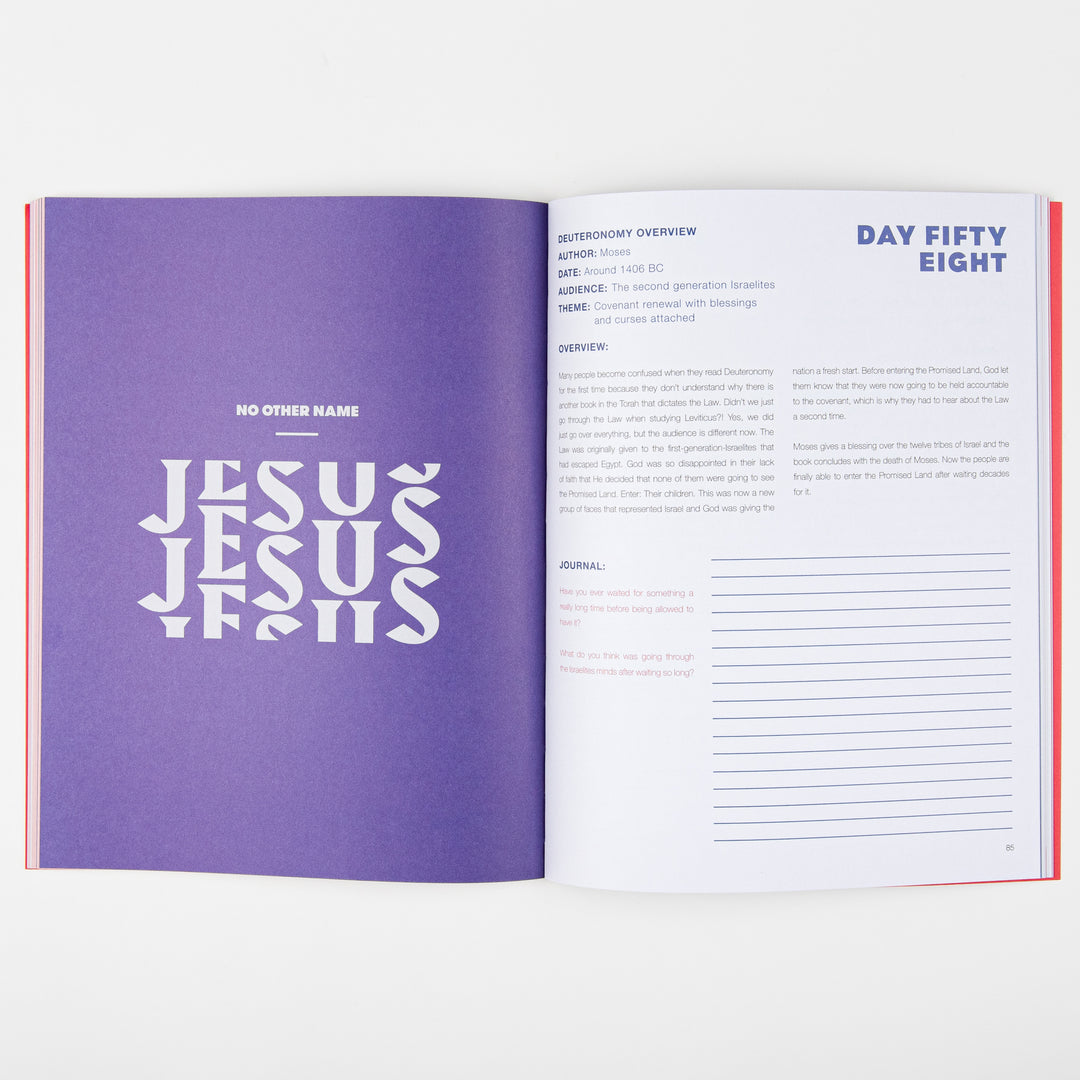Interior spread of The Bible Study: Youth Edition open to a two-page layout. The left, purple page reads No Other Name above the word JESUS repeated three times in large white overlapping type. The right, white page is headed Day Fifty Eight with a Deuteronomy Overview, summary paragraphs, and a journal section with blank lines.