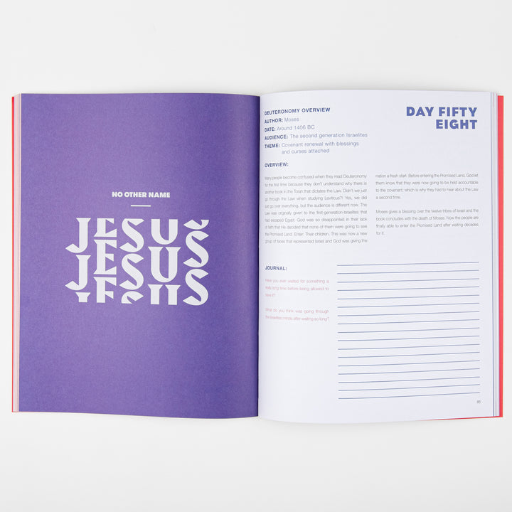 Interior spread of The Bible Study: Youth Edition open to a two-page layout. The left, purple page reads No Other Name above the word JESUS repeated three times in large white overlapping type. The right, white page is headed Day Fifty Eight with a Deuteronomy Overview, summary paragraphs, and a journal section with blank lines.
