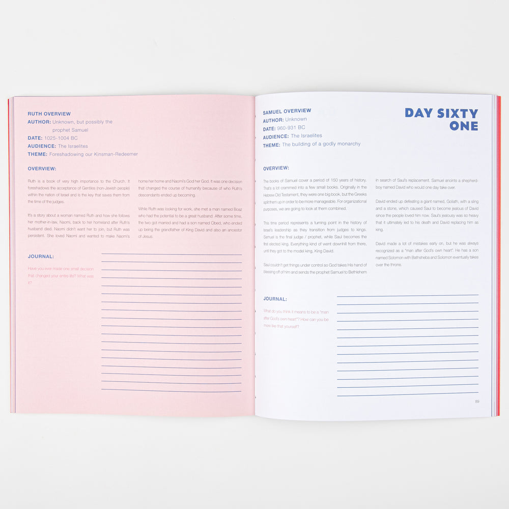 Interior spread of The Bible Study: Youth Edition open to a two-page devotional layout. The left, pink page is a Ruth Overview with author, date, audience, and theme details plus a journal section with blank lines. The right, white page is headed Day Sixty One with a Samuel Overview and its own journal prompt and lines.
