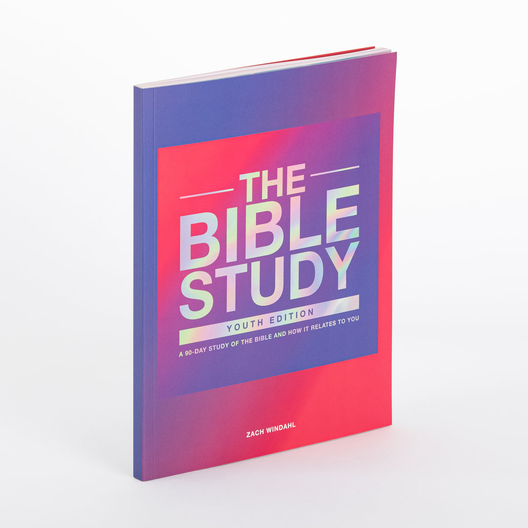 Paperback book cover of The Bible Study: Youth Edition by Zach Windahl, angled to show the front and spine. The cover has a pink-to-purple gradient with an iridescent holographic square reading THE BIBLE STUDY, a YOUTH EDITION banner, and the subtitle A 90-Day Study of the Bible and How It Relates to You.