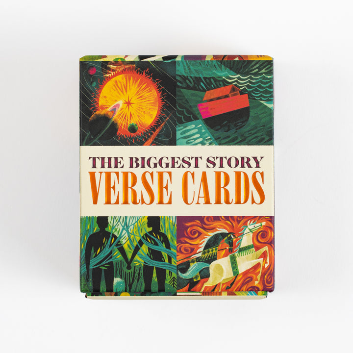 Front view of The Biggest Story Verse Cards box, illustrated with a fiery sunburst and planets, Noah&