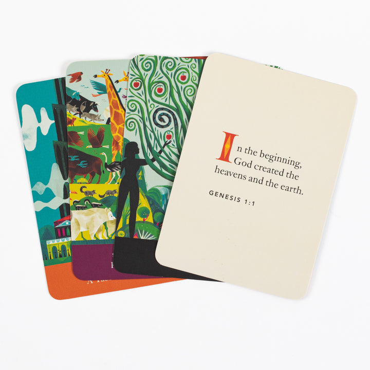 Four Bible story cards fanned out, the front cream card printed with &